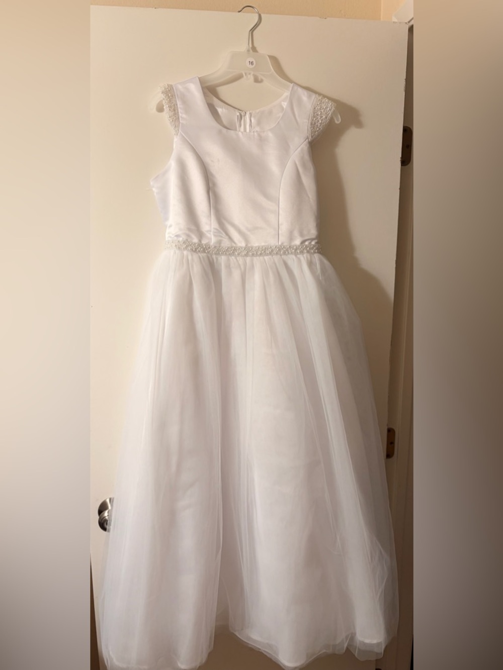 Girls White Tulle Party Dress with Beaded Waist